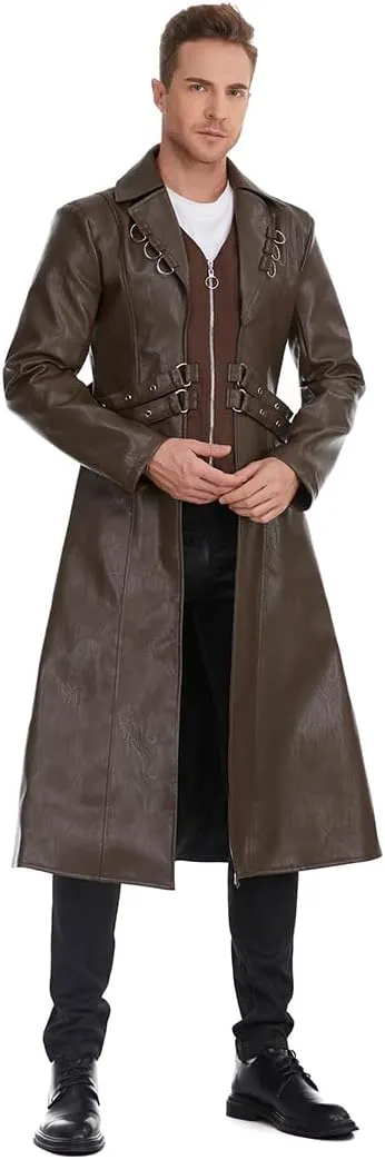 TZMAPU Men's Faux Leather Motorcycle Trench Coat Black Long Punk Jacket