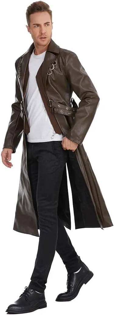 TZMAPU Men's Faux Leather Motorcycle Trench Coat Black Long Punk Jacket