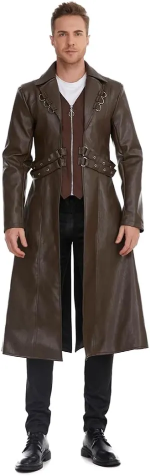 TZMAPU Men's Faux Leather Motorcycle Trench Coat Black Long Punk Jacket