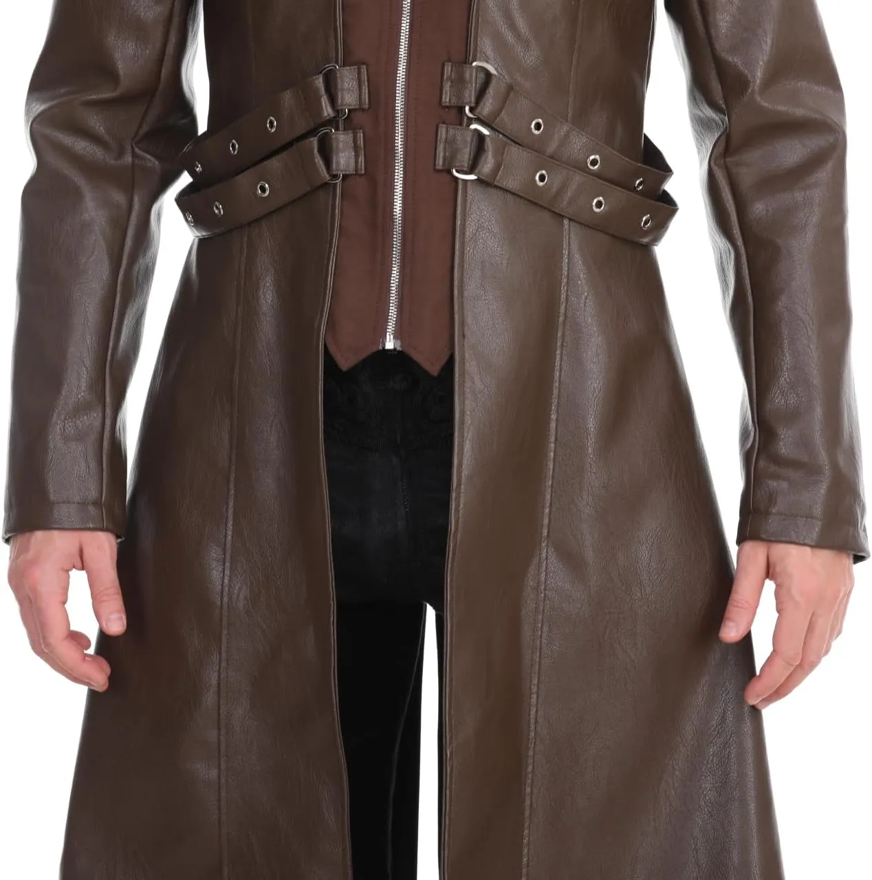 TZMAPU Men's Faux Leather Motorcycle Trench Coat Black Long Punk Jacket
