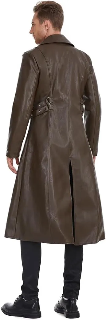 TZMAPU Men's Faux Leather Motorcycle Trench Coat Black Long Punk Jacket