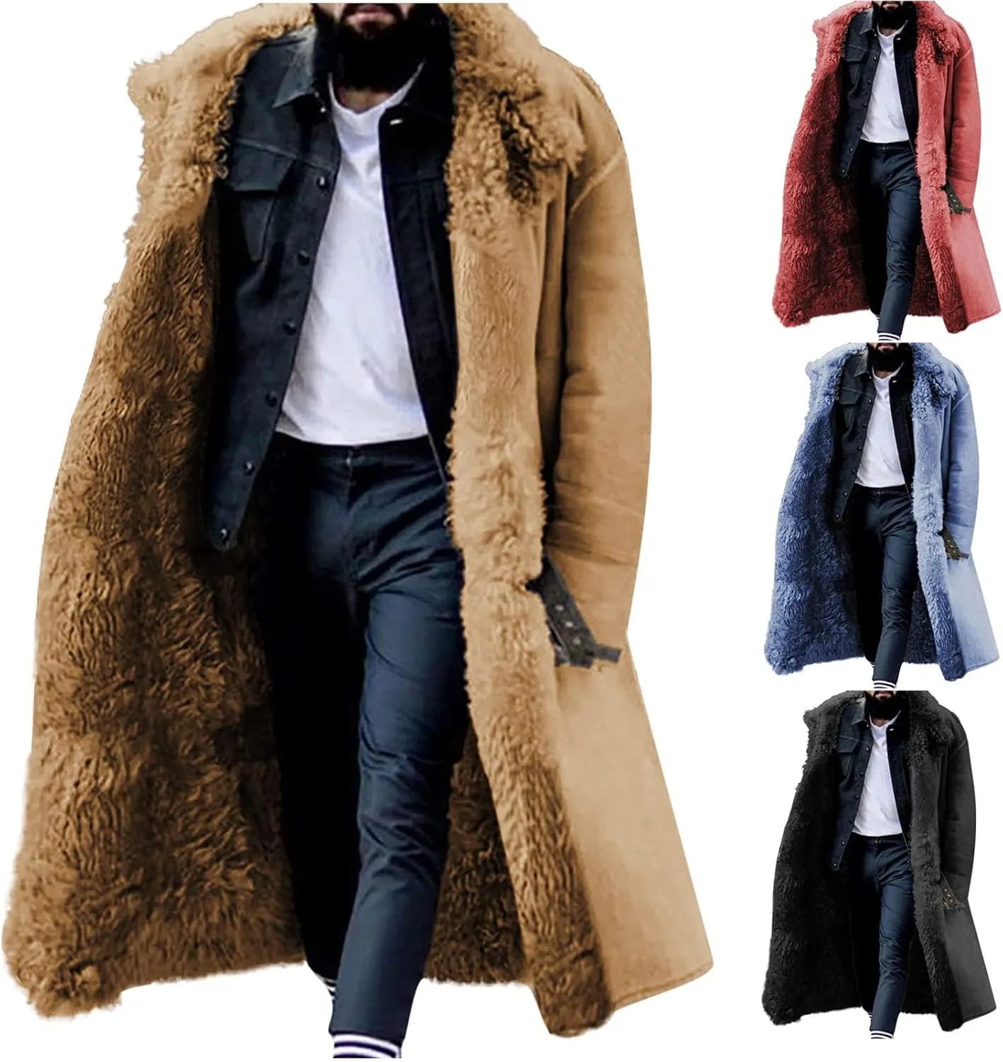 Wankang Sherpa Lined Long Jacket Men Faux Leather Shearling Jacket Mens Fur Long Trench Coats Winter Sheepskin Fleece Coat