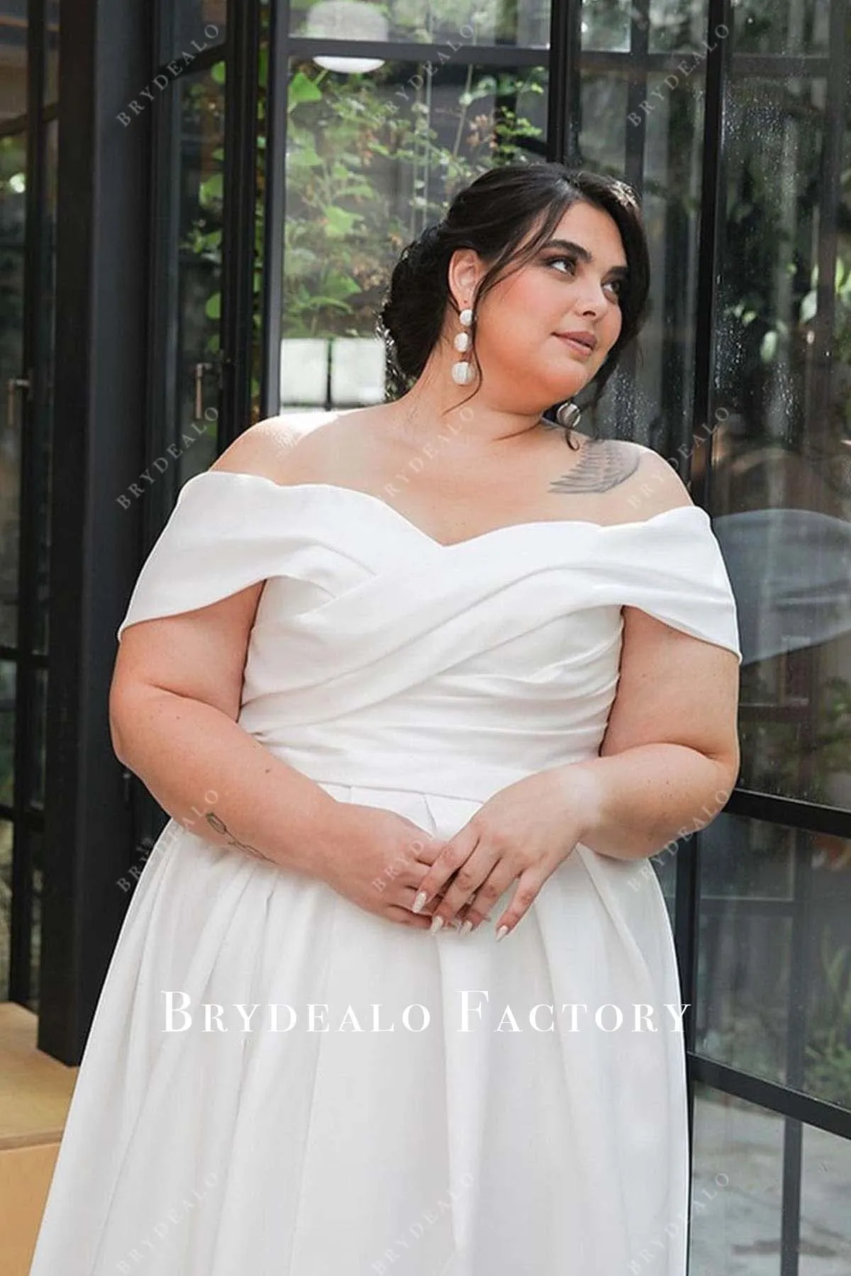 White Satin Off Shoulder Slit Plus Size Wedding Dress