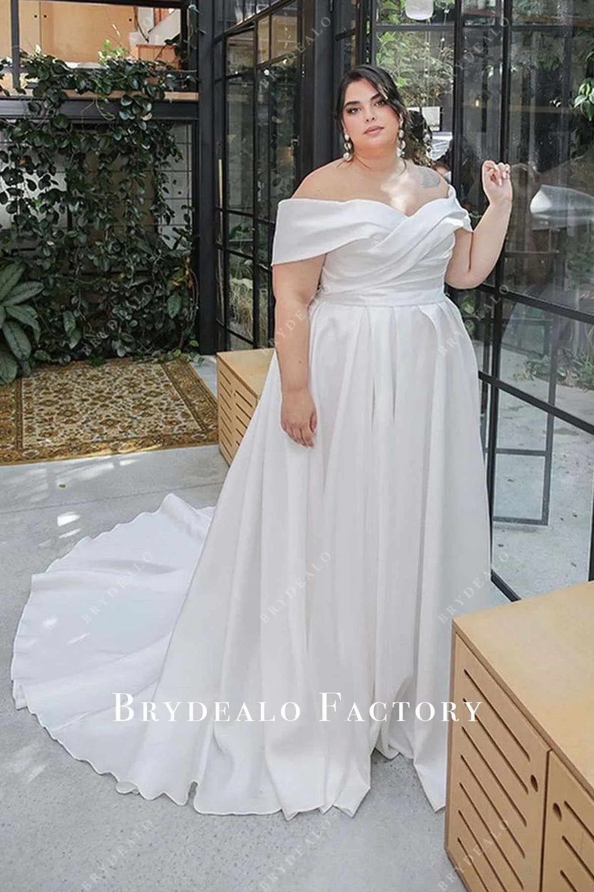 White Satin Off Shoulder Slit Plus Size Wedding Dress