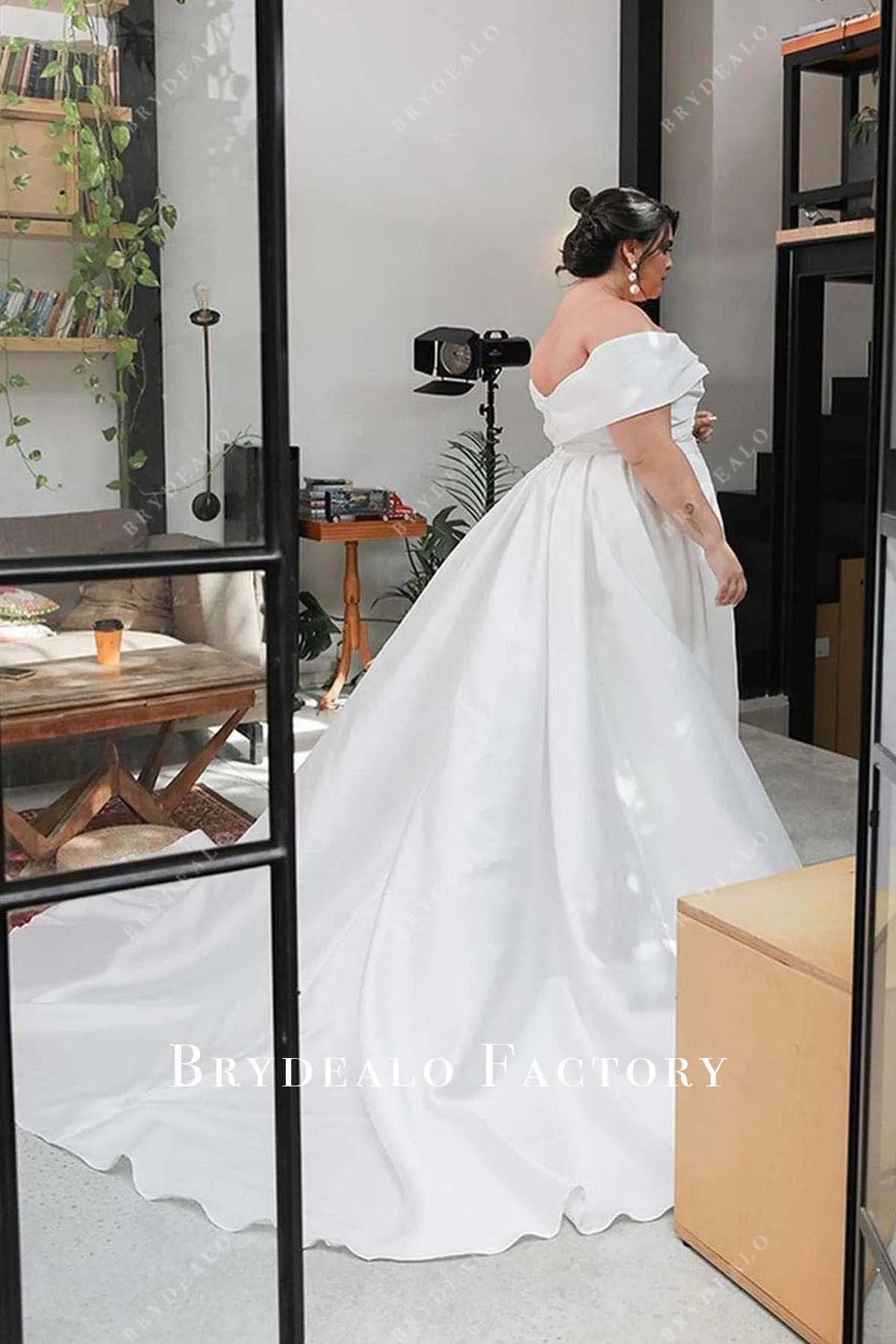 White Satin Off Shoulder Slit Plus Size Wedding Dress