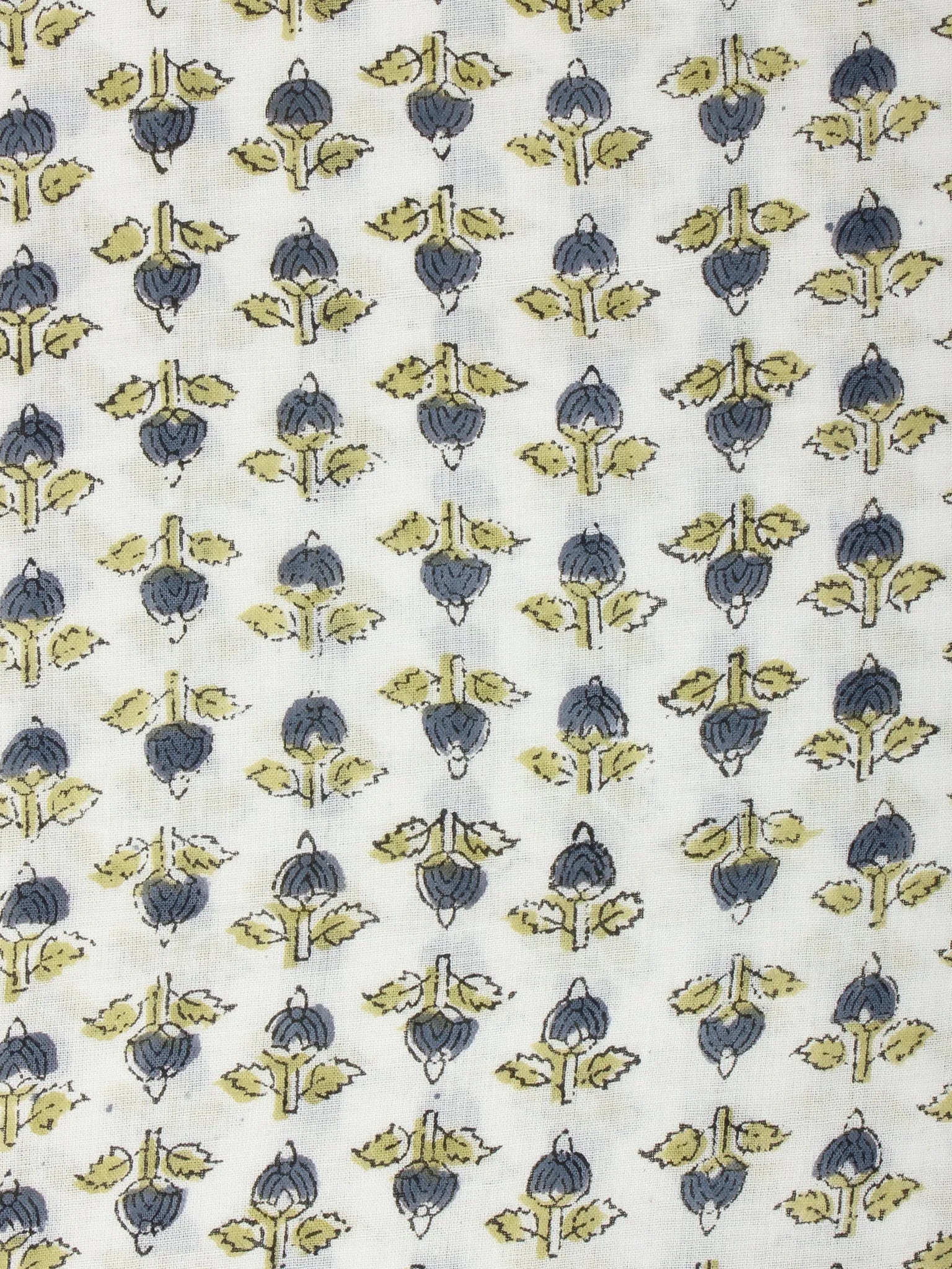 White Steel Grey Green Hand Block Printed Cotton Fabric Per Meter - F001F2271