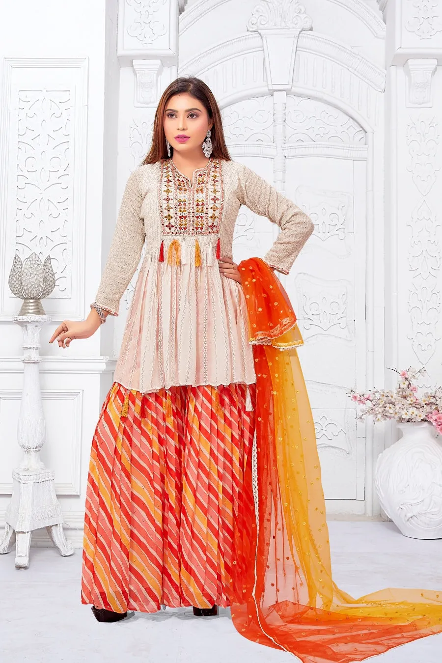 White Top with Multi Color Contrast Palazzo