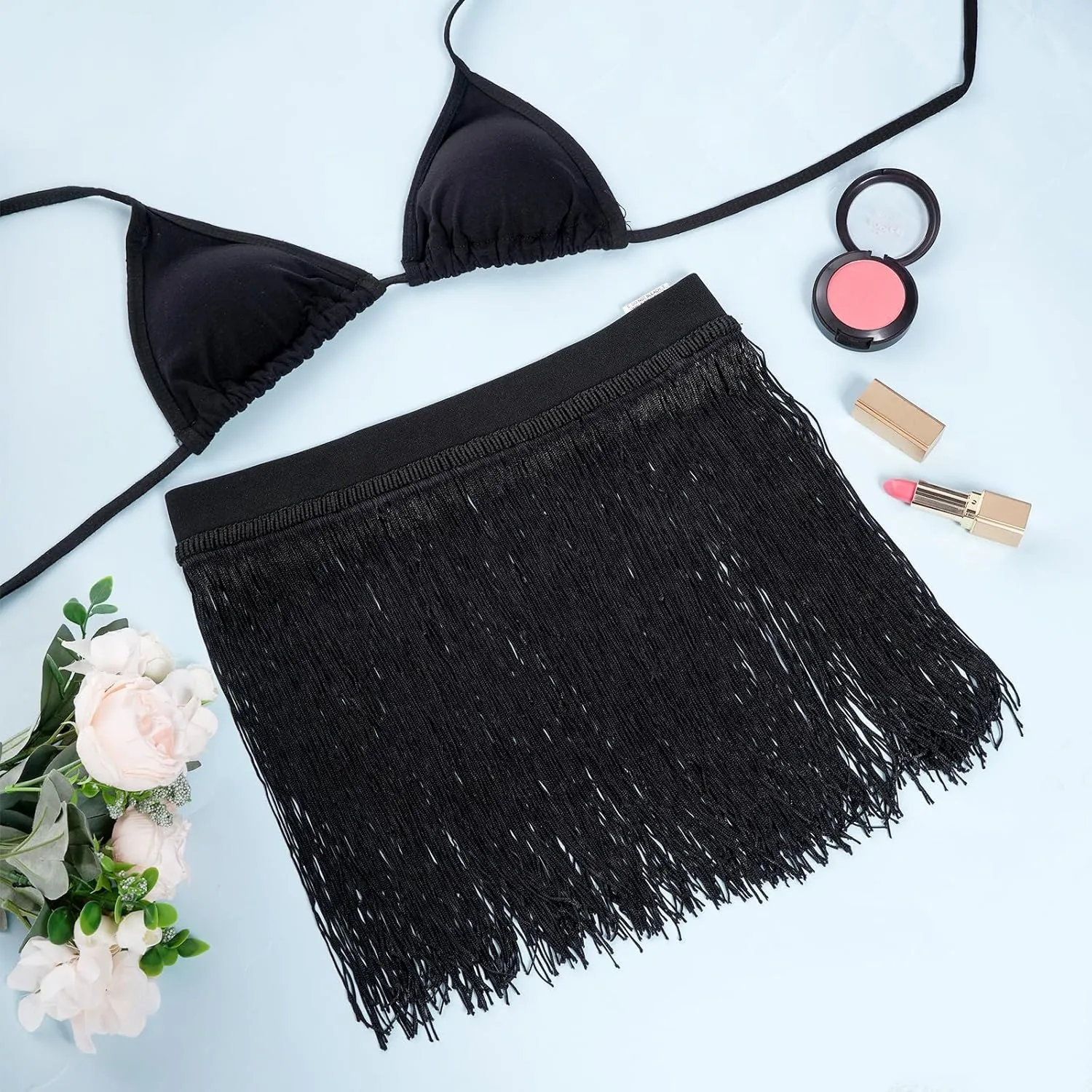Women Fringe Trim Skirts Beach Tassel High Waisted Skirts Cover Up Mini Skirts Black