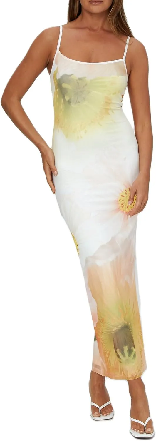 Women Y2k Floral Spaghetti Strap Maxi Dress Abstract Flower Print Long Slip Dress Elegant Bodycon Cami Dress