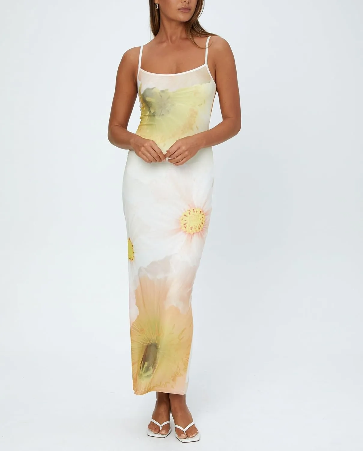 Women Y2k Floral Spaghetti Strap Maxi Dress Abstract Flower Print Long Slip Dress Elegant Bodycon Cami Dress