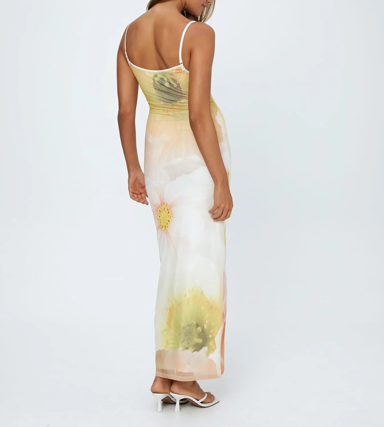 Women Y2k Floral Spaghetti Strap Maxi Dress Abstract Flower Print Long Slip Dress Elegant Bodycon Cami Dress