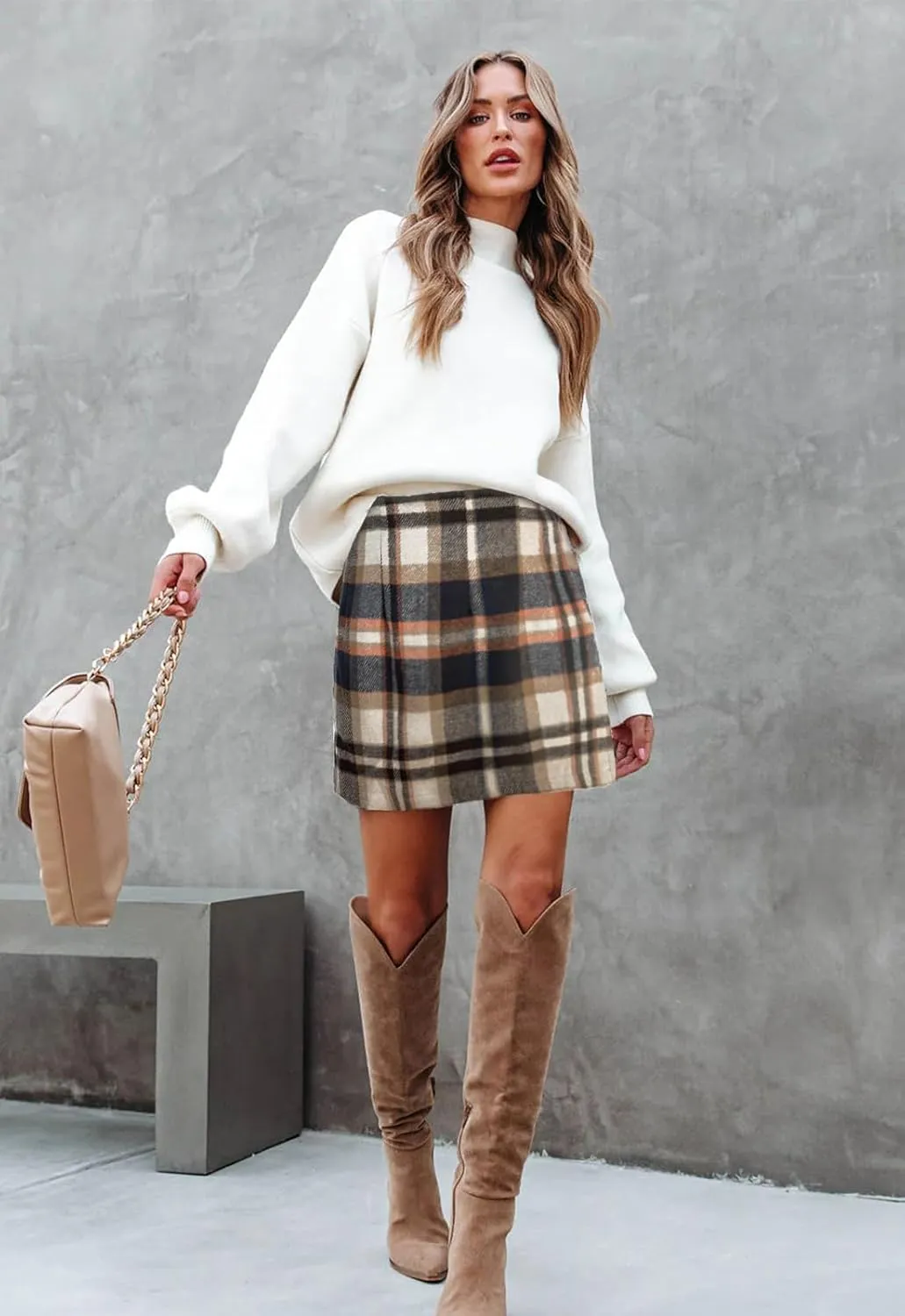 Women's Plaid Mini Skirt Pencil Above Knee Length High Elastic Waist Bodycon Zipper Vintage Short Skirts for Women