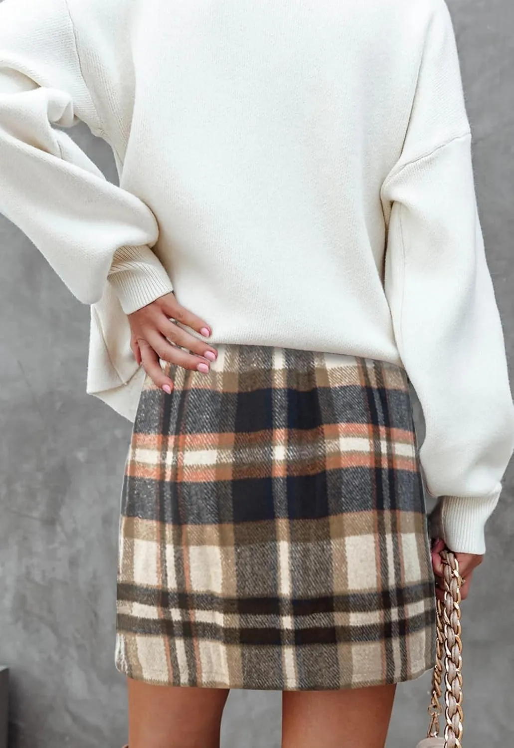 Women's Plaid Mini Skirt Pencil Above Knee Length High Elastic Waist Bodycon Zipper Vintage Short Skirts for Women