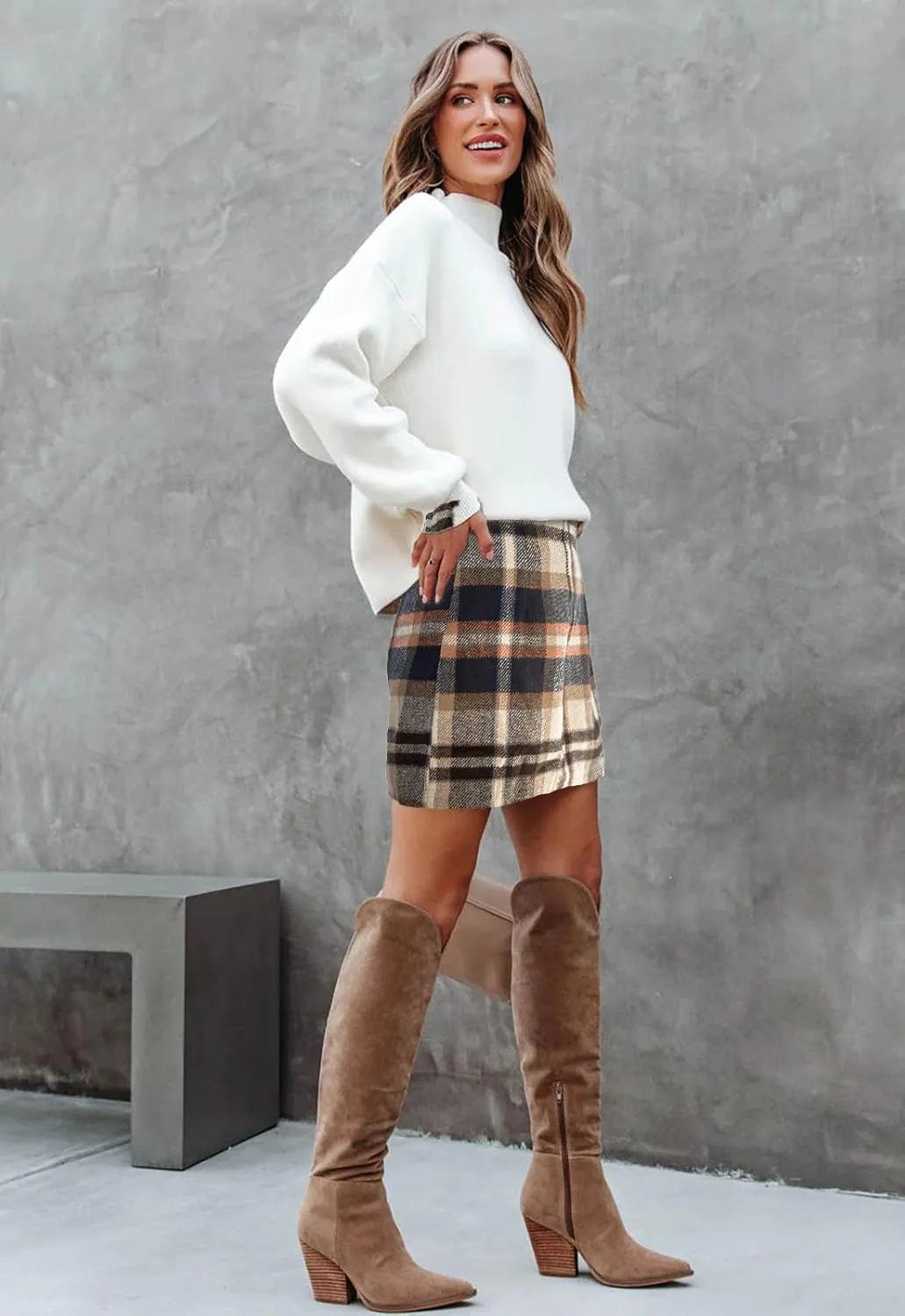 Women's Plaid Mini Skirt Pencil Above Knee Length High Elastic Waist Bodycon Zipper Vintage Short Skirts for Women