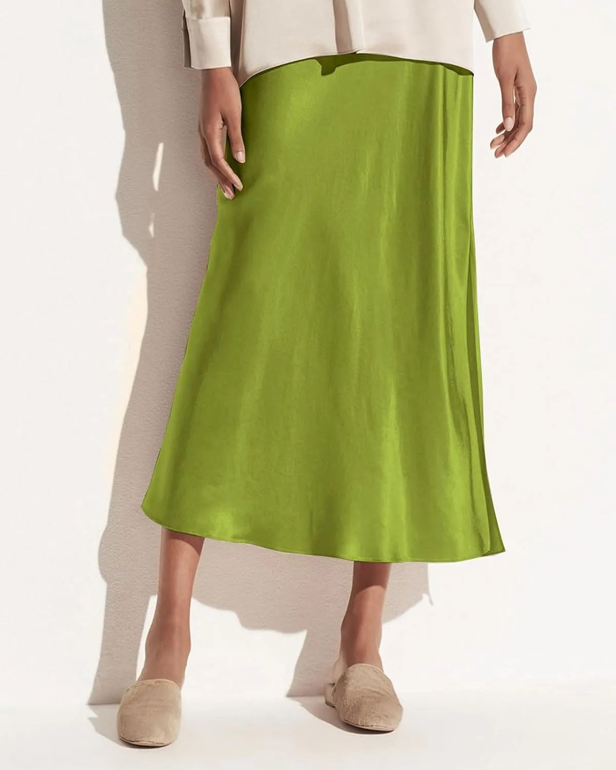 Women's Satin High Waisted Side Split Maxi Skirt Elastic Waistband Elegant Work Skirts Party A-Line Skirts