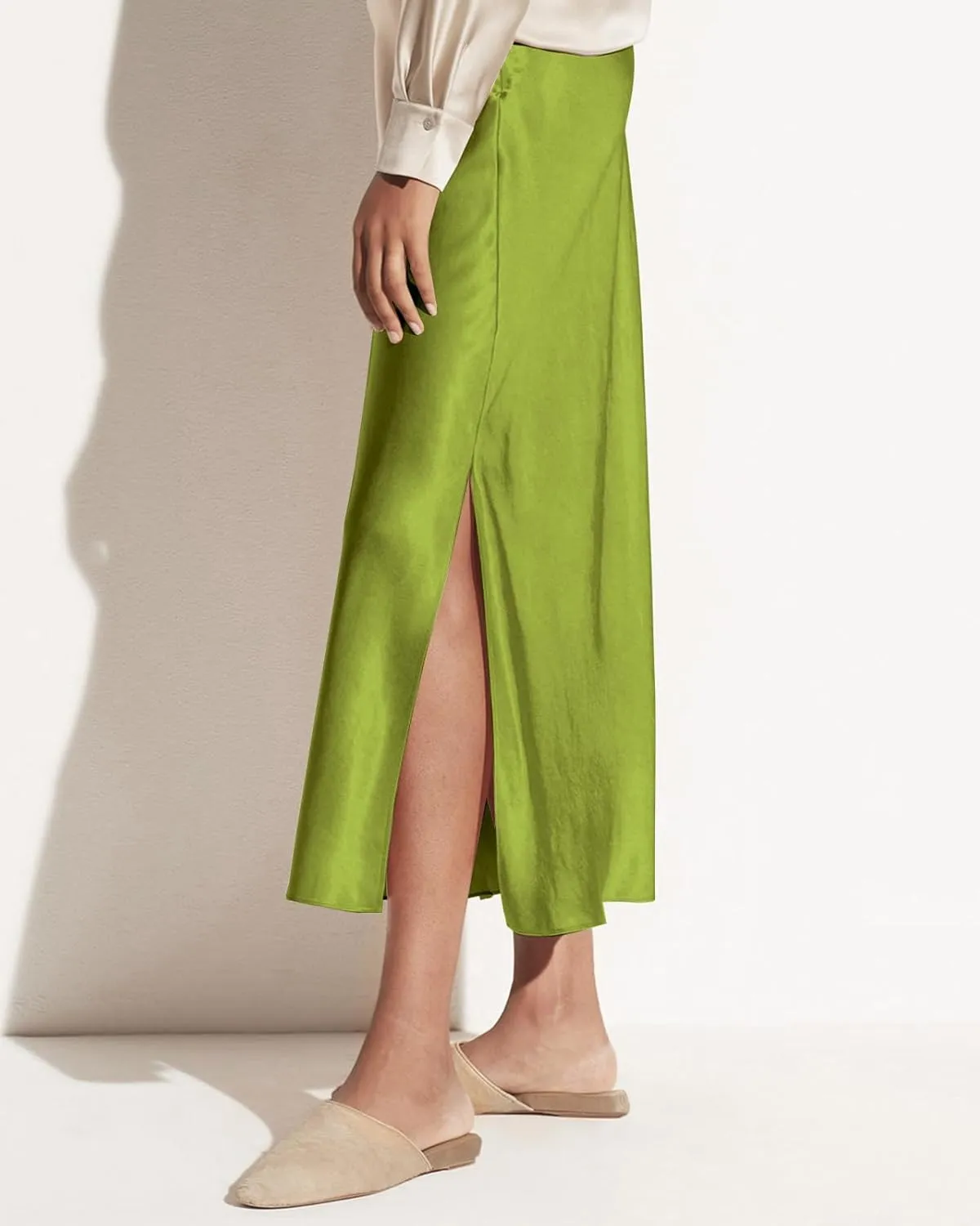 Women's Satin High Waisted Side Split Maxi Skirt Elastic Waistband Elegant Work Skirts Party A-Line Skirts