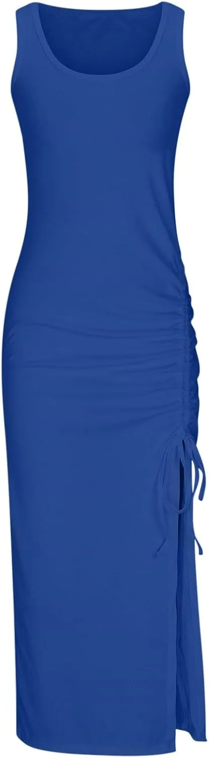 Womens Sexy Side Slit Draw/String Ruched Bodycon Casual Sun Maxi Dresses Sleeveless Ribbed Knit Tank Dress