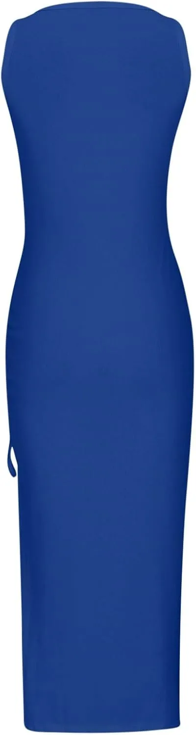 Womens Sexy Side Slit Draw/String Ruched Bodycon Casual Sun Maxi Dresses Sleeveless Ribbed Knit Tank Dress