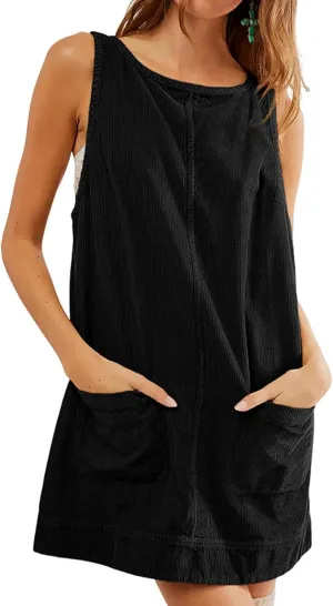 Womens Sleeveless Corduroy Overall Dress Cute Crewneck Jumper Dress Mini A Line Pinafore Dress with Pockets