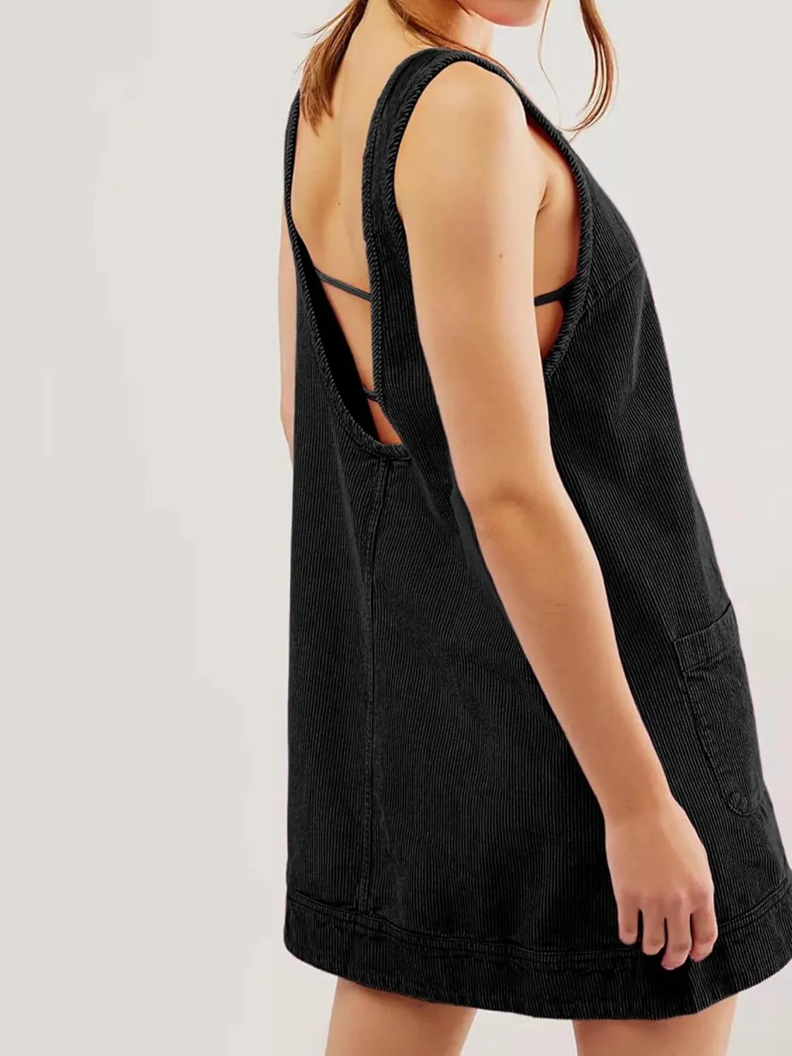 Womens Sleeveless Corduroy Overall Dress Cute Crewneck Jumper Dress Mini A Line Pinafore Dress with Pockets
