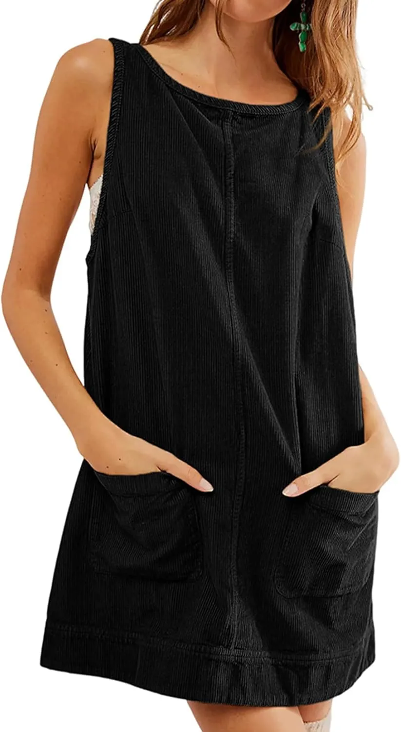 Womens Sleeveless Corduroy Overall Dress Cute Crewneck Jumper Dress Mini A Line Pinafore Dress with Pockets