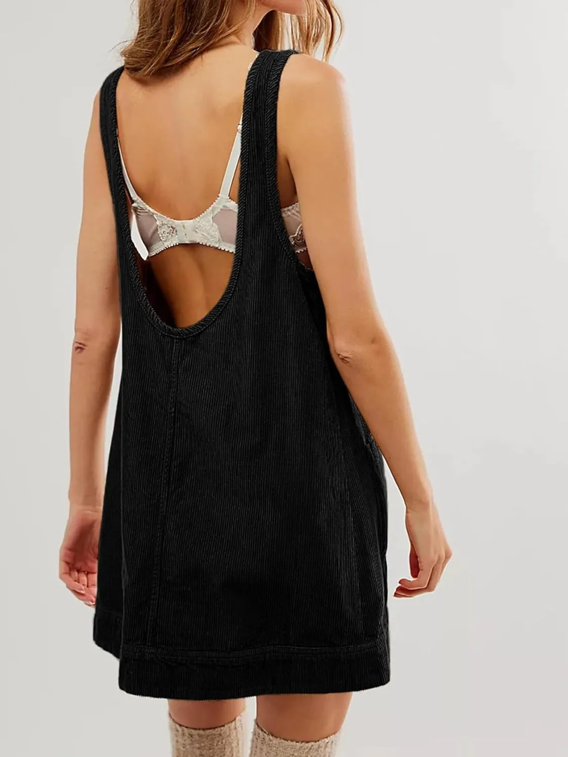 Womens Sleeveless Corduroy Overall Dress Cute Crewneck Jumper Dress Mini A Line Pinafore Dress with Pockets