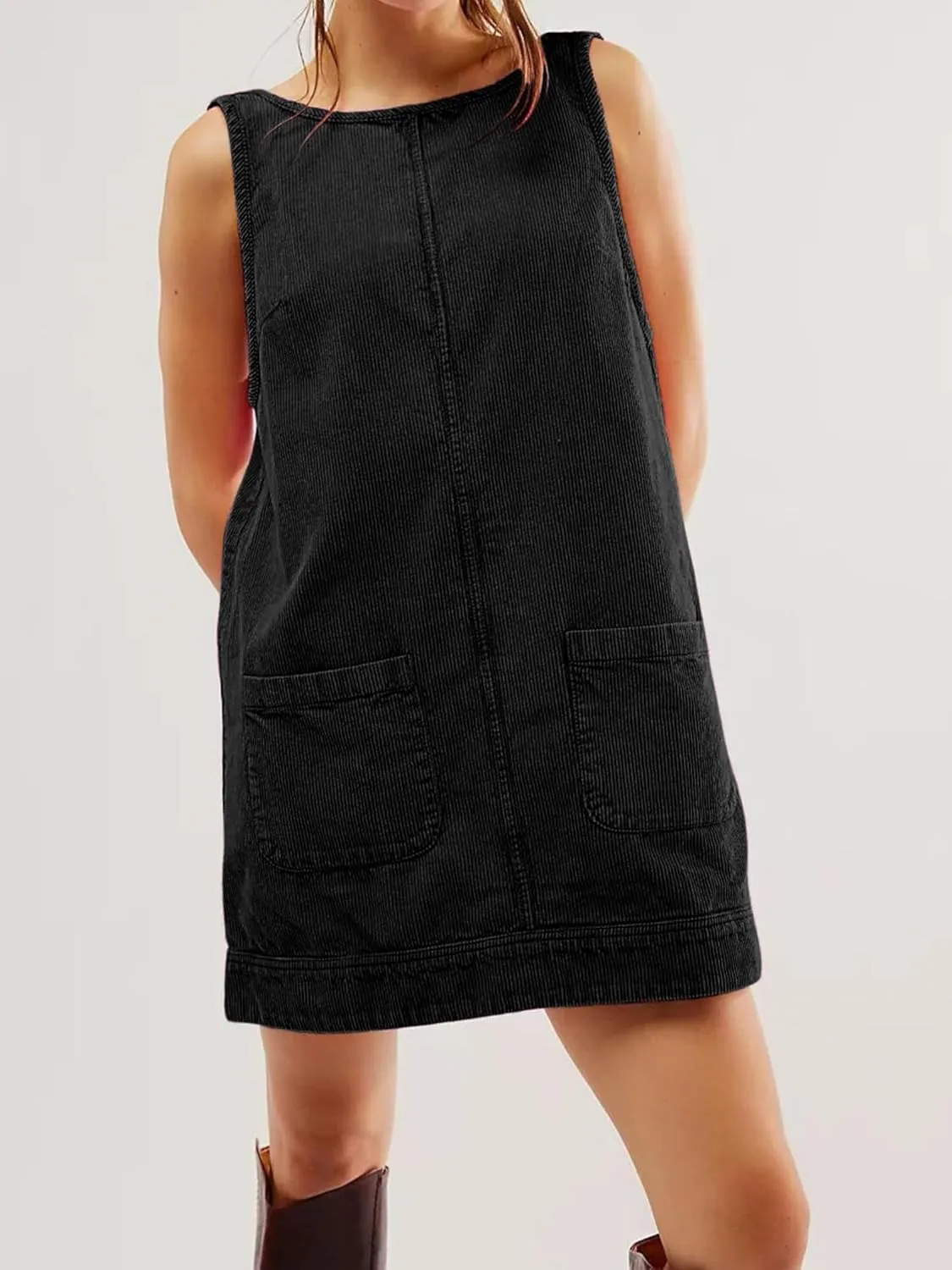 Womens Sleeveless Corduroy Overall Dress Cute Crewneck Jumper Dress Mini A Line Pinafore Dress with Pockets