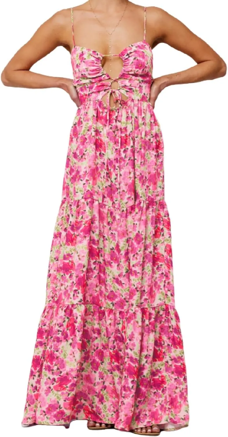 Womens Summer Spaghetti Strap Long Dress Boho Low Cut Floral Dress Backless Flowy Midi Dress, Summer Beach Sundress