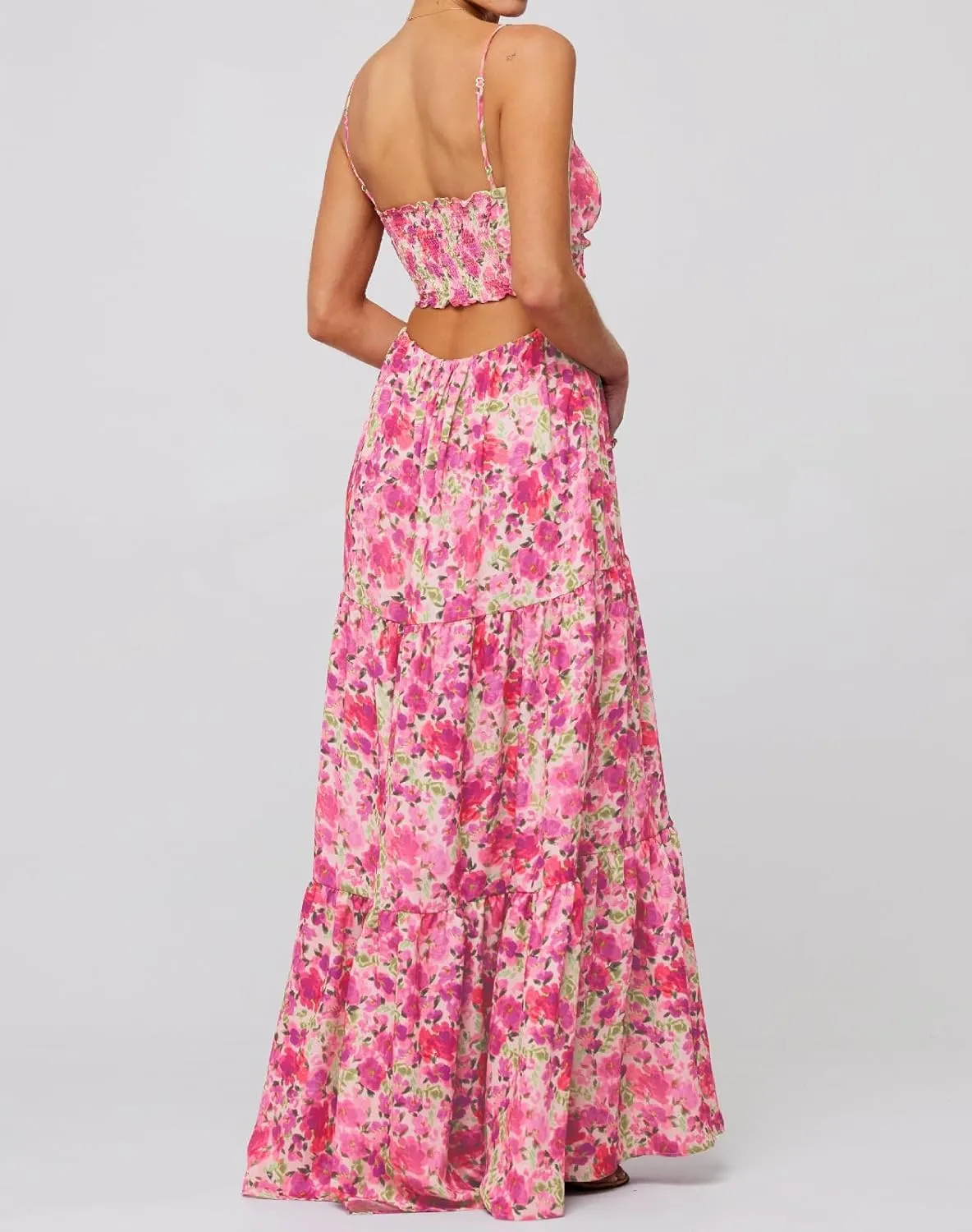 Womens Summer Spaghetti Strap Long Dress Boho Low Cut Floral Dress Backless Flowy Midi Dress, Summer Beach Sundress