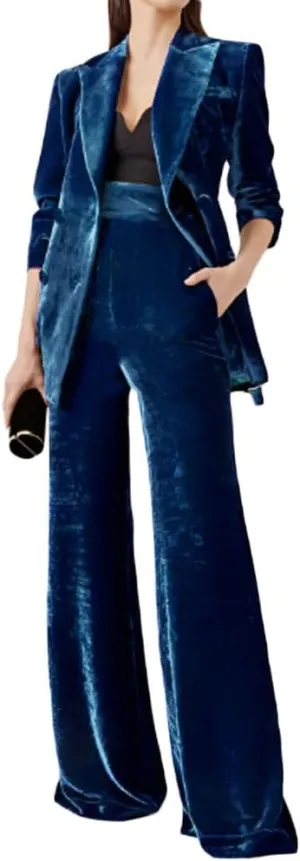 Womens Velvet Pant Suit 2 PC Double Breasted Prom Suit Peak Lapel Office Work Suit Formal Suit