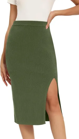 Yincro Women High Waist Slit Hem Rib Knit Bodycon Midi Skirts