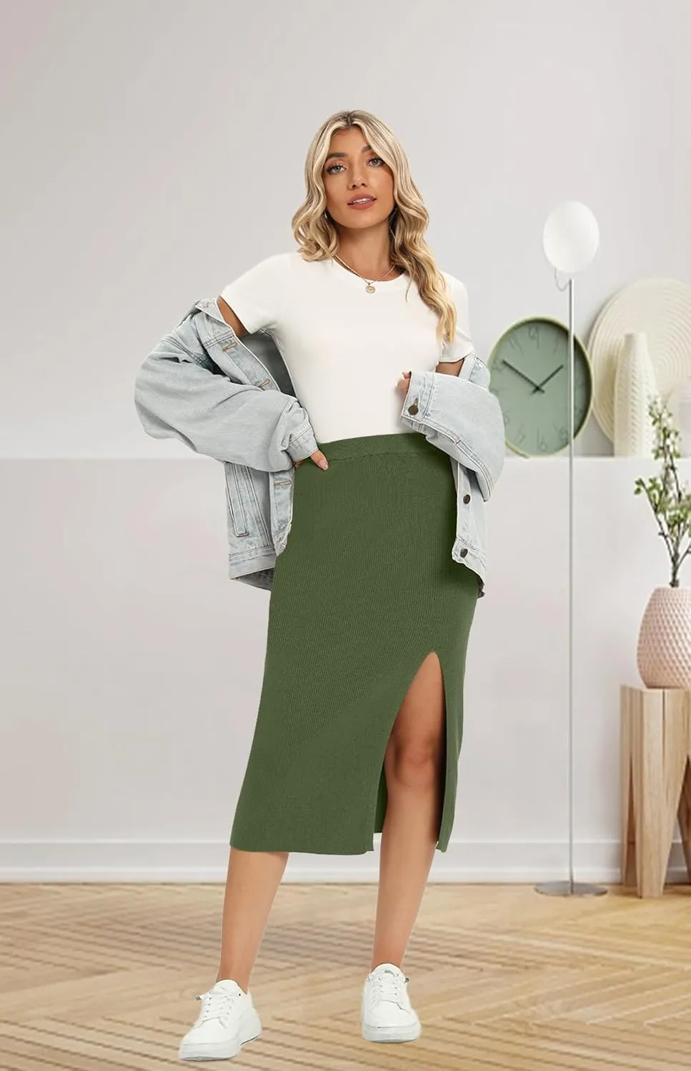 Yincro Women High Waist Slit Hem Rib Knit Bodycon Midi Skirts