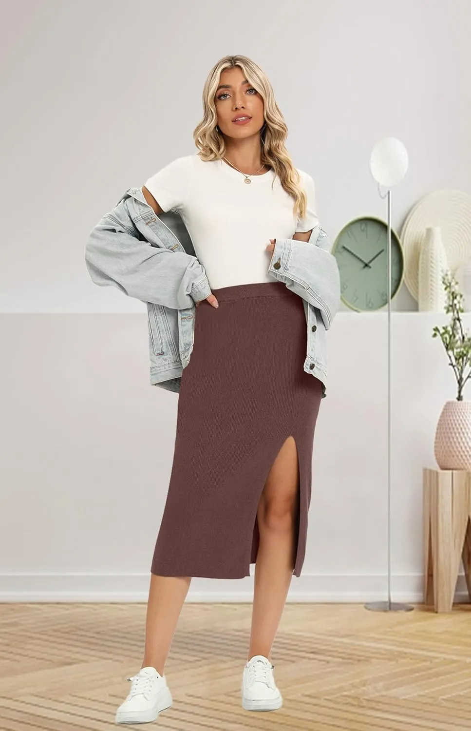Yincro Women High Waist Slit Hem Rib Knit Bodycon Midi Skirts